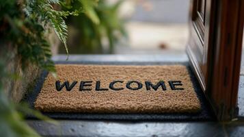 Welcome mat placed at an entrance surrounded by greenery, inviting guests on a pleasant day photo