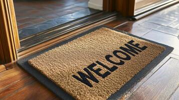 Welcome mat placed at the entrance of a cozy home with wooden flooring and inviting ambiance photo
