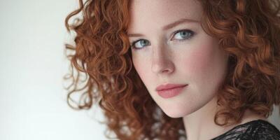 Young woman with vibrant red curls poses gracefully for a close-up portrait in a bright indoor setting photo