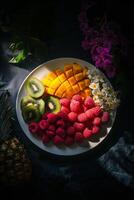 Fresh fruit platter with vibrant colors featuring kiwi, mango, raspberries, and flowers arranged on a dark background photo