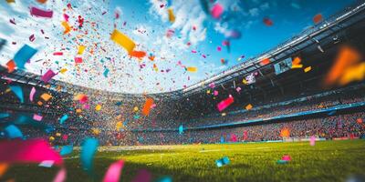 Celebration at a packed stadium as colorful confetti fills the air during a thrilling sports event in bright daylight photo