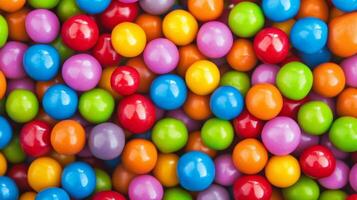 Colorful assortment of round candies in various shades scattered on a flat surface in bright, cheerful display photo