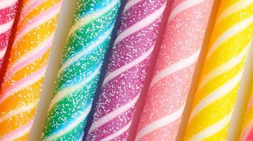 Colorful spiral candies lined up on a bright surface creating a vibrant display for sweet treats photo