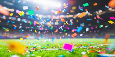 Colorful confetti falling over a vibrant sports field during a celebration in a crowded stadium at dusk photo