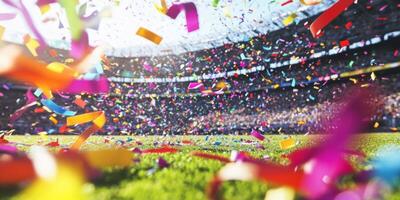 Colorful confetti bursts in a stadium during a lively sports celebration on a sunny day photo