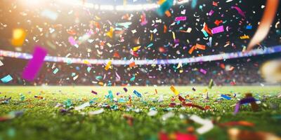 Colorful confetti fills the air after a major sports event celebration at a stadium during the evening photo