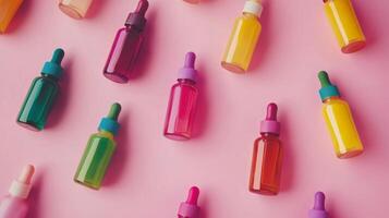 Colorful glass dropper bottles arranged on a pink surface for cosmetic or aromatic use in a bright setting photo