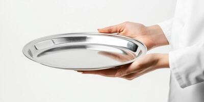 Waiter presents a polished metal tray in a clean and bright setting for food service photo