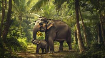 Elephants enjoy a peaceful moment in the lush jungle with bananas under the warm sun photo