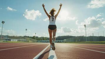 Runner celebrates victory on track during golden hour with bright sunlight behind photo