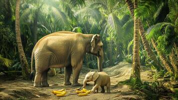 Baby elephant and mother enjoy bananas in a lush jungle setting during daylight hours photo