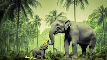 Elephants sharing bananas in a lush jungle surrounded by palm trees during daylight hours photo