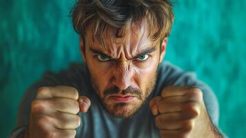 Intense expression of a man displaying anger with clenched fists against a vibrant green backdrop photo