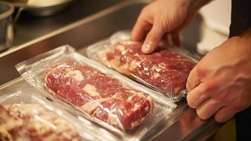 Preparing vacuum-sealed meat packages in a busy kitchen environment for preservation and freshness photo
