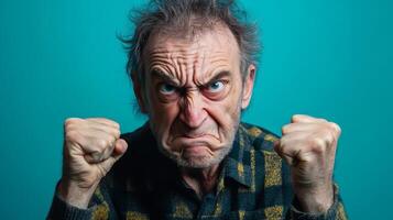 Angry elderly man expressing frustration in front of a teal background during daylight photo