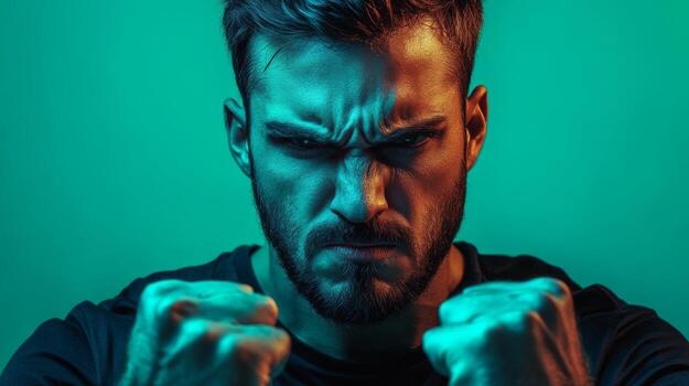 Intense expression of determination and strength from a young man in dramatic lighting photo