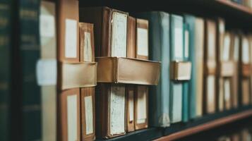 Old library books arranged on a shelf in a historical archive during daylight hours photo