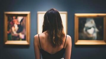 Woman studies artwork in an art gallery highlighting creativity and expression during an evening visit photo