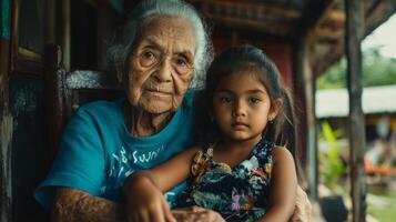 Elderly woman with a young girl sit together in a rustic setting during the afternoon photo