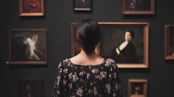 Visitor admires classic paintings in an art gallery during an evening exhibition in a modern setting photo