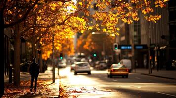 Autumn stroll through a city street lined with golden trees on a sunny afternoon photo