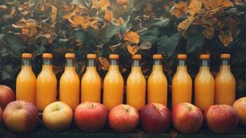 Fresh apple juice bottles lined up among ripe apples in a vibrant orchard during autumn mornings photo