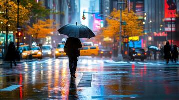 Rainy evening in the city with vibrant lights and autumn foliage photo