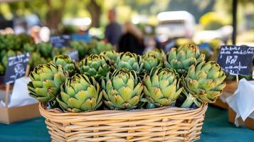 Fresh artichokes displayed in a basket at a local farmers market on a sunny day photo