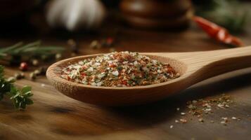 Colorful blend of spices on a wooden spoon surrounded by herbs and garlic in a cozy kitchen setting photo