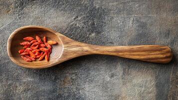 Goji berries arranged on a wooden spoon on a textured surface highlighting their vibrant color and nutritional value photo