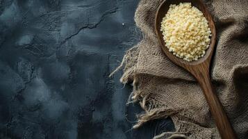 Couscous in a wooden spoon resting on a textured surface with rustic burlap cloth nearby photo