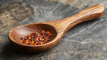 Wooden spoon with spices resting on a textured surface in a rustic kitchen setting photo