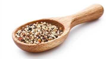 Variety of spices in a wooden spoon perfect for enhancing dishes and adding flavor photo