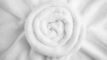 Elegant white towel arranged in a beautiful spiral shape on a soft surface photo