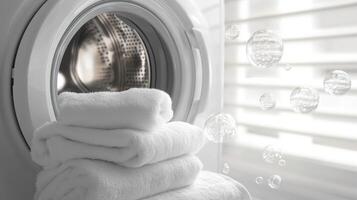 Freshly laundered white towels piled beside a washing machine in a bright laundry room photo