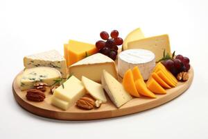 Wooden board with different types of cheese on a white background photo