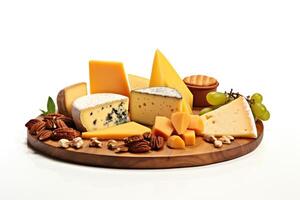 Wooden board with different types of cheese on a white background photo