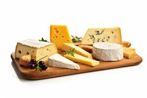 Wooden board with different types of cheese on a white background photo