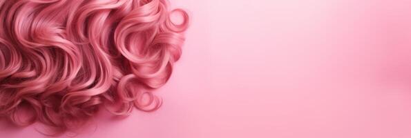 Wavy texture of healthy colored curly pink hair isolated on pink background, baner. photo