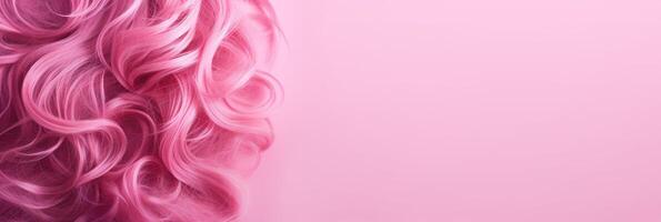 Wavy texture of healthy colored curly pink hair isolated on pink background, baner. photo