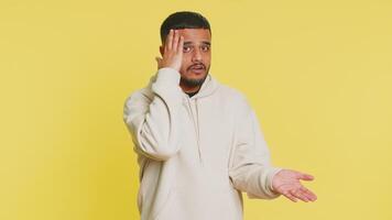 Man raising hands asking what why reason of failure anti lifehacks ridicules disbelief irritation video