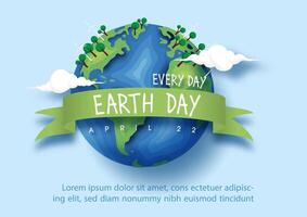 Poster campaign of Earth day with global planet and puffy clouds, wording of event and example texts on navy blue background. vector