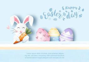 Easter greeting card and poster template with Easter eggs in watercolors, paper cut out style and example texts on light blue background. vector