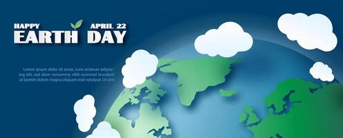 Poster campaign of Earth day with closeup global planet and white clouds around, wording of event and example texts on navy blue background. vector