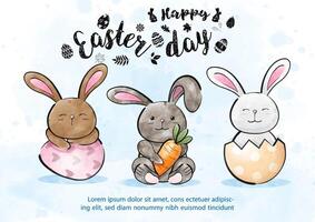 Group of Easter bunny with wording of Easter day on blue background. Greeting card and poster of Easter day in watercolors style vector
