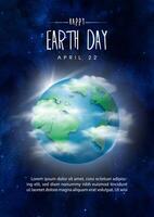 Poster campaign of Earth day with global planet and puffy clouds, wording of event on navy blue background. vector