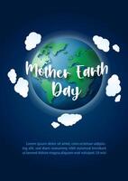Poster campaign of Earth day with global planet and white clouds around, wording of event and example texts on navy blue background. vector