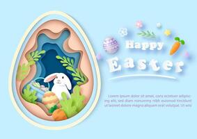 Poster and greeting card of Easter's day in layers paper cut style with colorful decoration and blue background vector