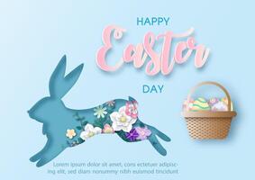 Poster and greeting card of Easter's day in bunny jumping shape and paper cut out style with colorful Easter eggs basket decoration and blue background. vector