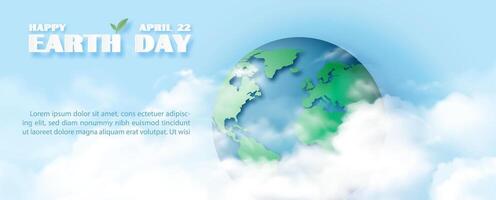 Poster campaign of Earth day with global planet and puffy clouds, wording of event on blue background. vector